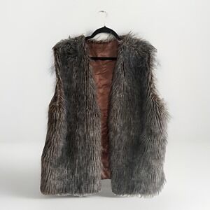 Faux Fur Vest Womens Medium Gray Brown Shaggy Open Front Lined Cozy Warm